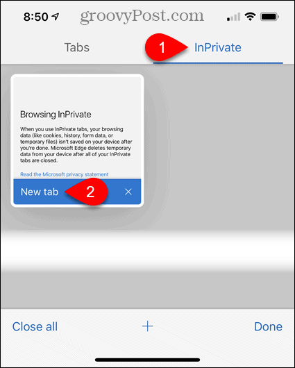 Докоснете InPrivate, след това докоснете New Tab в Edge за iOS