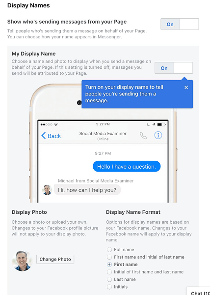 Facebook позволява на администраторите на страници да избират показваното им име, когато използват Messenger от името на своята страница или бизнес.