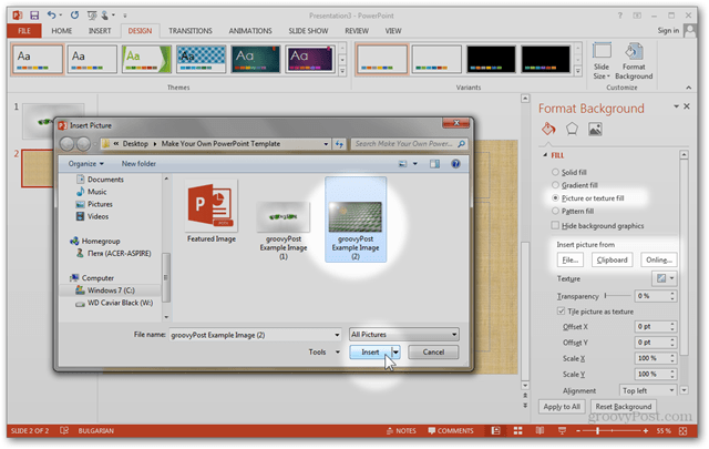 Шаблон за Office 2013 Създаване Направете персонализиран дизайн POTX Персонализирайте ръководството за слайдове за слайдове Как да форматирате фона Импортиране на картина по изображение