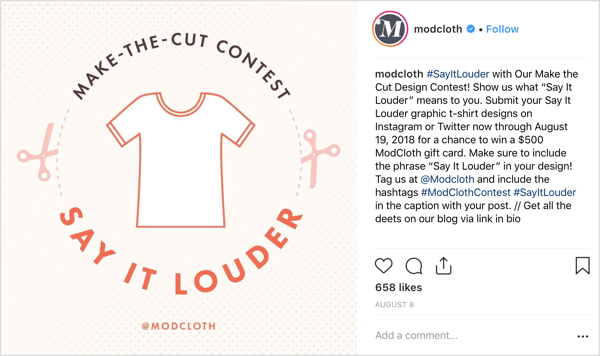 ModCloth помоли потребителите на Instagram да споделят свои собствени дизайни в оригинални публикации и предложи щедър стимул (пропорционално на заданието): шансът да спечелите карта за подарък от 500 долара.