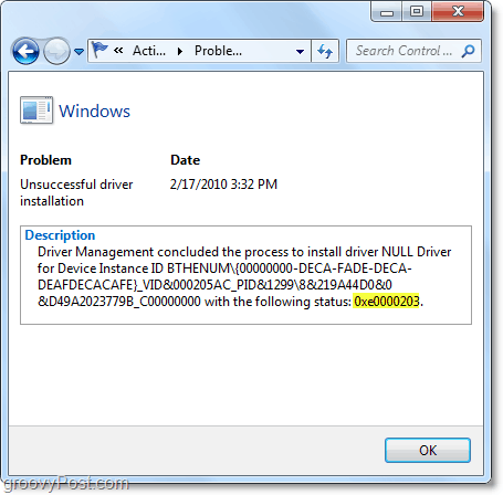 преглед на техническа информация, включително кодове за грешки в Windows 7