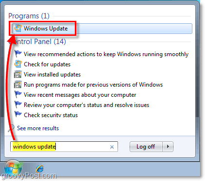 Стартирайте Windows 7 Windows Update: Снимка на екрана