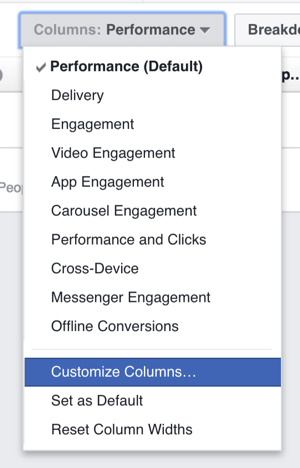 Можете да персонализирате колоните, показани във вашата таблица с резултати от реклами във Facebook.