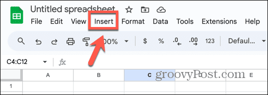 меню за вмъкване на google sheets