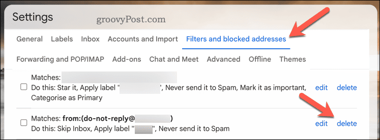 Бутон за изтриване на филтъра в Gmail