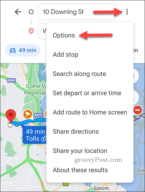 Отворете опциите за упътвания на Google Maps