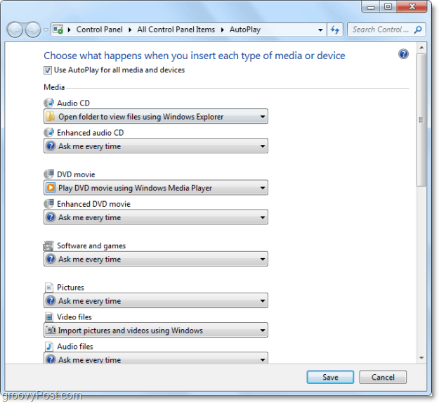 Спестете време чрез персонализиране на Windows 7 Autoplay Действия