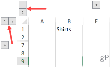 Групирани бутони с номера на колони и редове в Excel в Windows