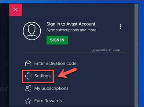 Отваряне на менюто за настройки на Avast
