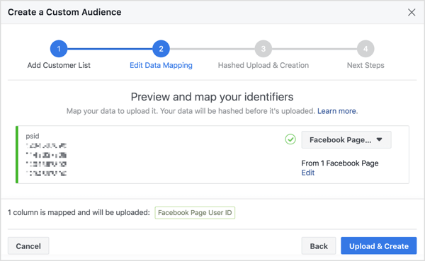 Когато импортирате своя списък с абонати на Messenger, за да създадете персонализирана аудитория, Facebook картографира техния потребителски идентификационен номер във Facebook, който е свързан с техния профил.