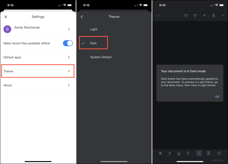 Активирайте тъмния режим в Google Документи на iPhone