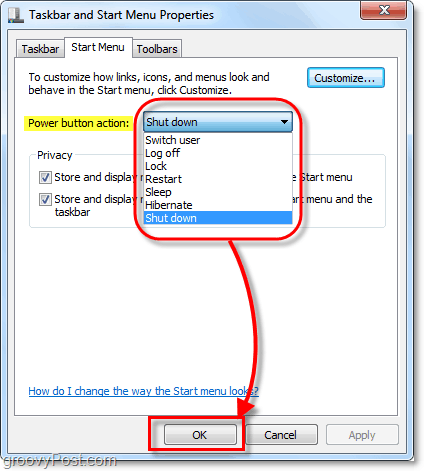 променете действието на бутона за захранване на менюто "Старт" в Windows 7