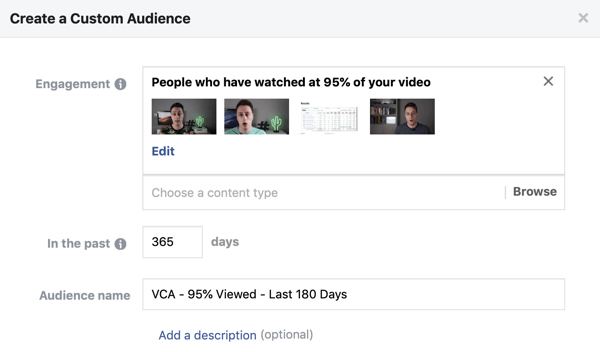 Задаване на опции за създаване на потребителска аудитория във Facebook от хора, които гледат видео във Facebook или Instagram.