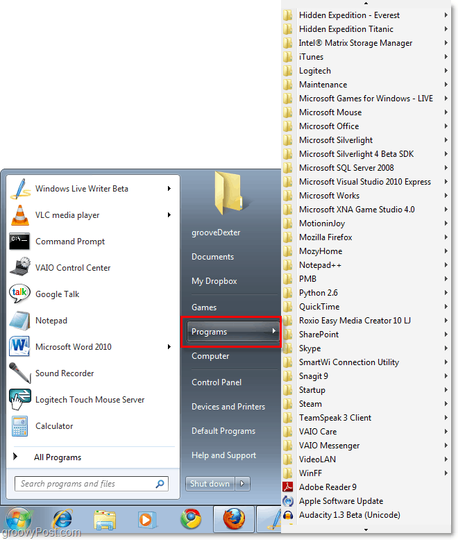 Добавете менюто „Всички програми“ на класическия XP в Windows 7