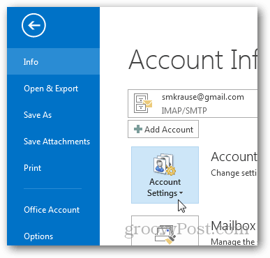 как да създадете pst файл за Outlook 2013 - щракнете върху настройките на акаунта