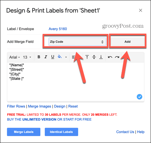 google sheets добавяне на поле за етикет
