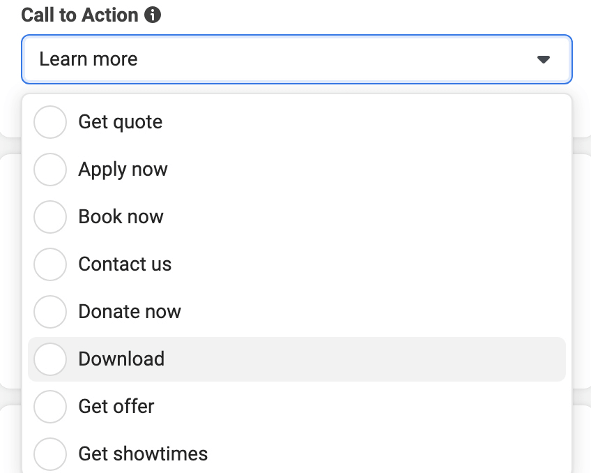 изображение на опциите за бутони за подканване към действие в Мениджър на реклами
