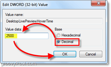 коригирайте свойствата на dword на десетични и стойност на данни до 2500 за Windows 7 DesktopLivePreviewHoverTime