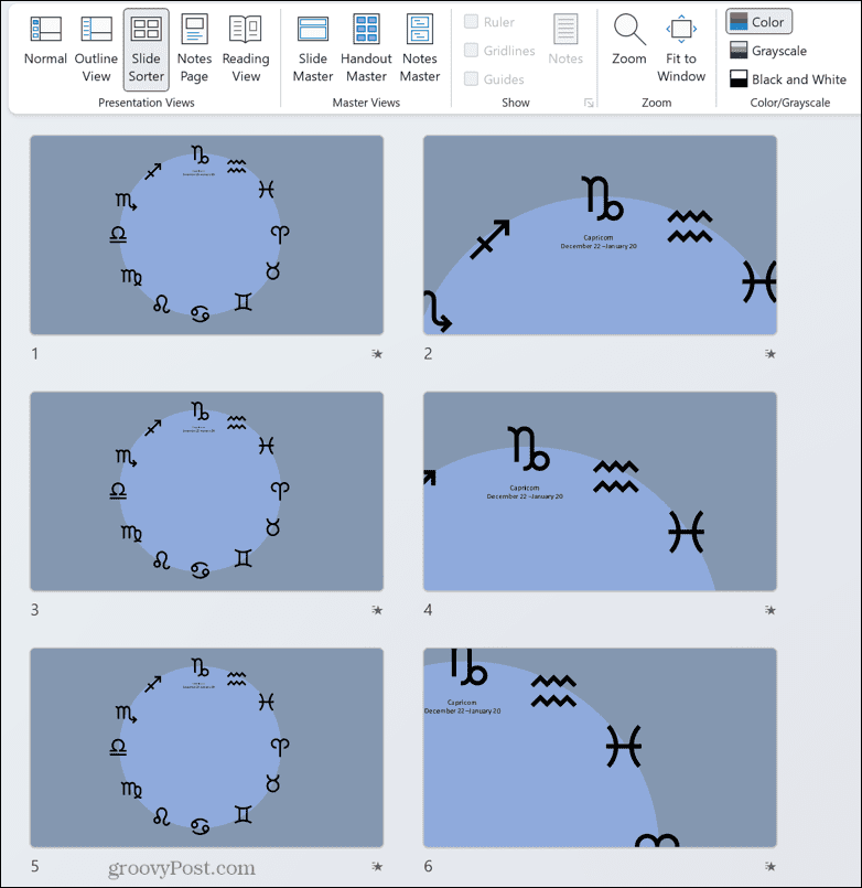 изглед за сортиране на слайдове в powerpoint