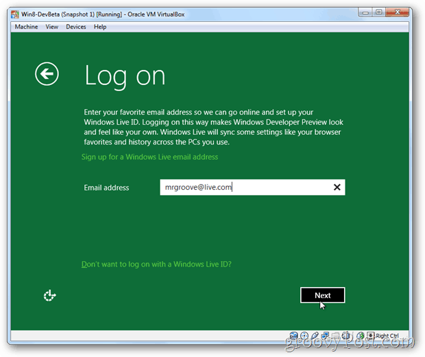 Информация за влизане в VirtualBox за Windows 8