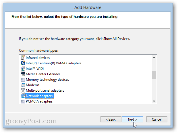 инсталиране на адаптер за връщане в Windows 8