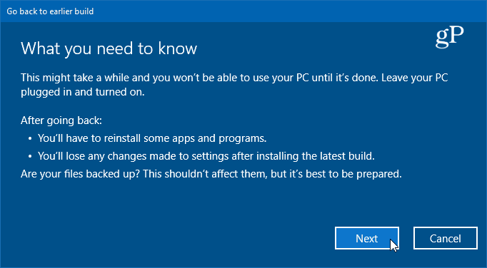 подробности за връщане към предишната версия на Windows 10