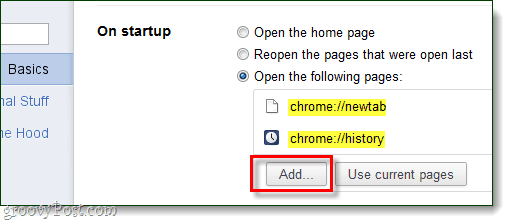 Стартиране на Chrome Добавете страници за отваряне