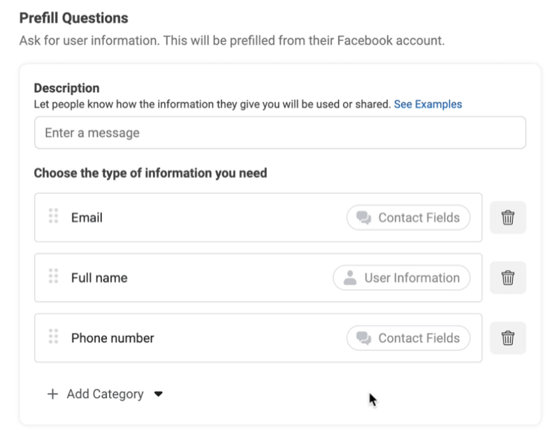 facebook потенциални реклами създават нова опция за формуляр за потенциални клиенти, за да добавите въпроси за предварително попълване с примери, използвани за имейл, пълно име и телефонен номер
