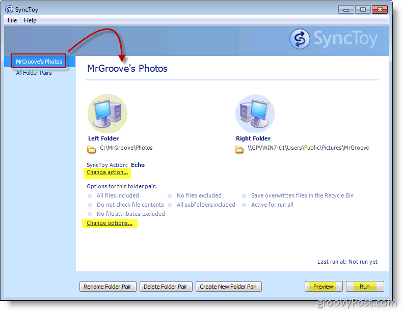 Снимка на основното меню на Microsoft SyncToy