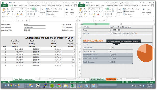 Ново! Excel 2013 ви позволява да преглеждате електронни таблици един до друг в отделни Windows