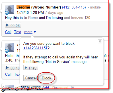 Блокиране на обаждания в Google Voice