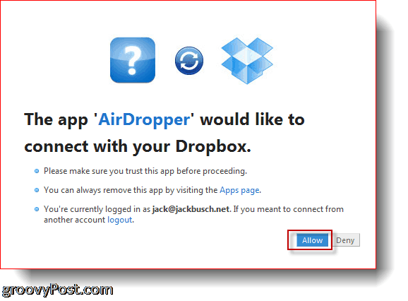 AirDropper Dropbox - свържете приложението към Dropbox