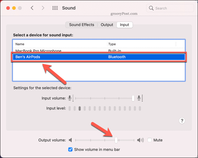 Задаване на AirPods като входно звуково устройство на Mac