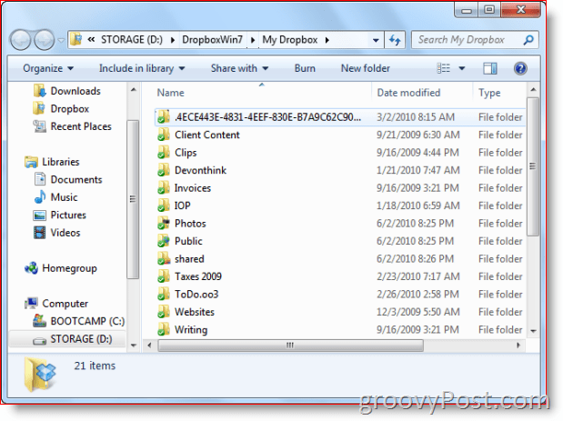 Dropbox папка на Windows 7 View