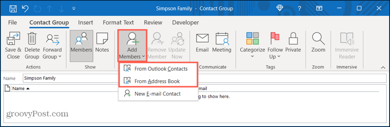 Добавяне на членове към нова група за контакти в Outlook