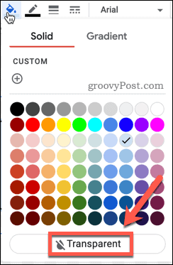 Избор на прозрачен цвят за запълване в Google Документи