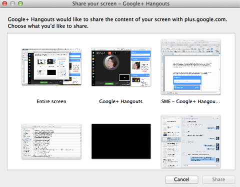опции за споделяне на екрана на google + hangouts