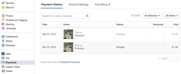 клиентите разглеждат поръчките в раздела за плащания на настройките на facebook