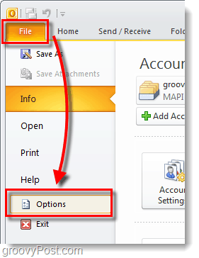 меню с опции на Outlook 2010
