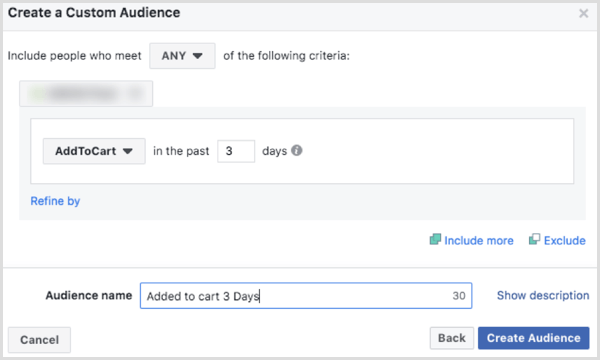 Изберете опции за създаване на потребителска аудитория във Facebook въз основа на събитие AddToCart