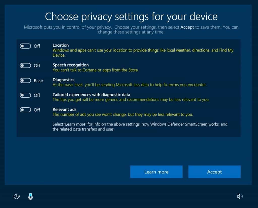 Windows 10, Поверителност, Актуализация на създателите, OOBE