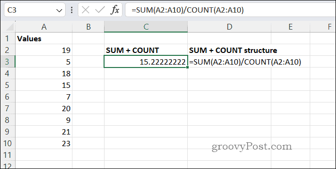 SUMCOUNT среден резултат в Excel