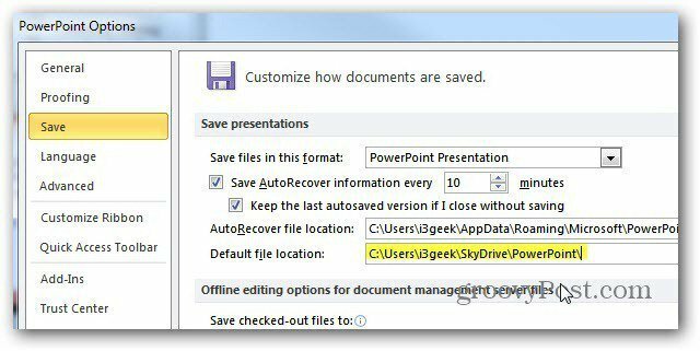 Запишете документи на Microsoft Office в SkyDrive по подразбиране