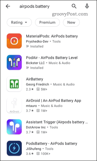 Списък с приложения за състояние на AirPods на трети страни в Google Play Store