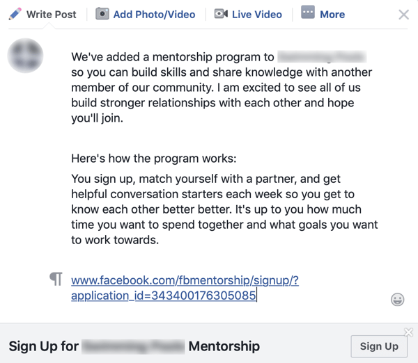 Как да подобрите вашата общност във Facebook, пример за групово съобщение за програма за менторство във Facebook