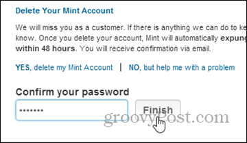 потвърдете изтриване с парола - изтрийте акаунта на mint.com