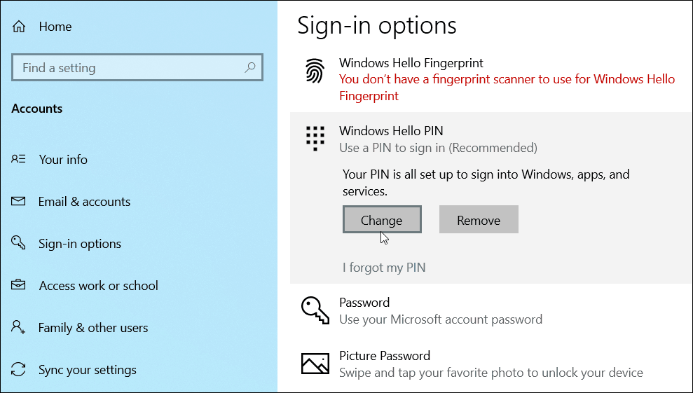 промяна добавяне на ПИН Windows 10
