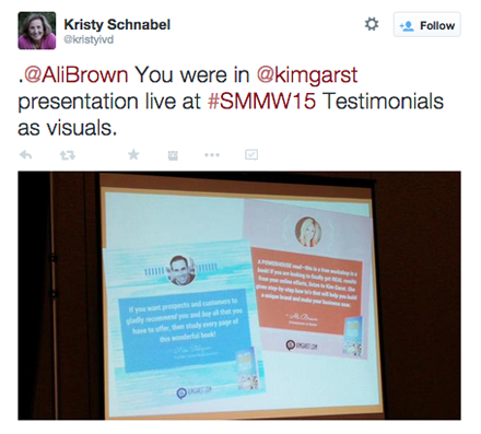 kristyivd туит на свидетелски слайд от сесията на Ким Гарст в smmw15