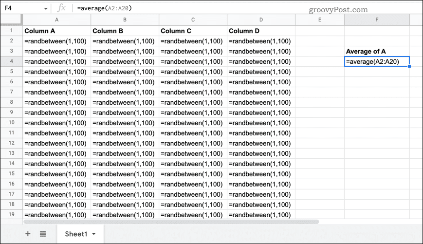 Електронна таблица на Google Таблици с видими формули