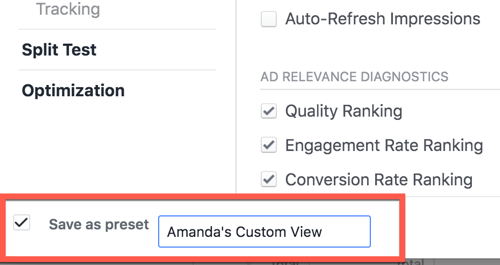 Запазване на персонализиран изглед на отчет във Facebook Ads Manager.